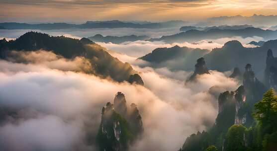 张家界山峰云海山脉日出风景云雾大自然奇峰