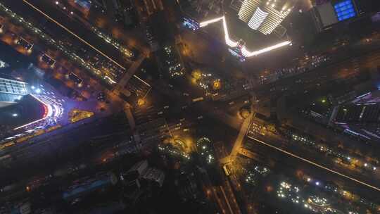 航拍中国上海十字路口交通夜景