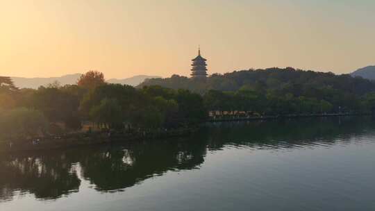 杭州西湖雷峰塔清晨日出日落航拍
