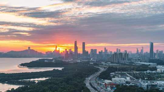 深圳湾南山城市天际线晚霞夜景延时