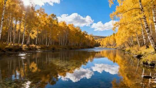 秋季森林河流自然风光
