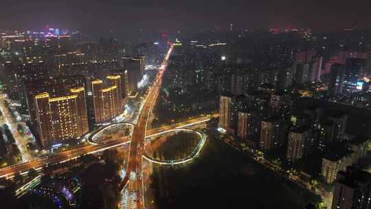 航拍陕西西安高新区交通夜景