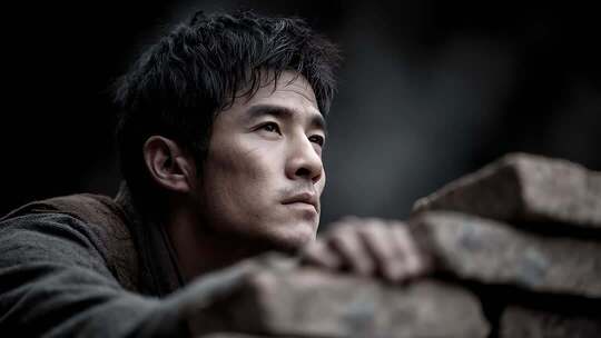 战火硝烟中的坚毅男子眺望远方