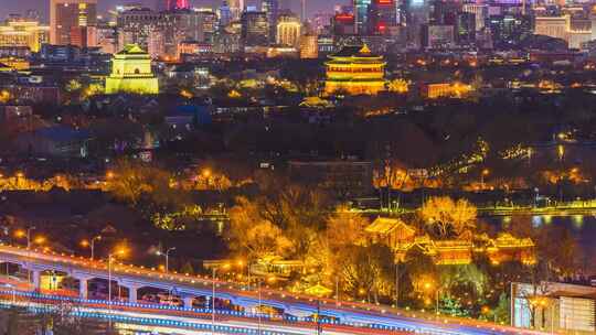 北京冬季钟鼓楼城市交通车流夜景延时