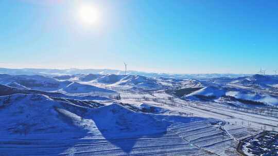 冬季承德丰宁坝上风电蓝天白云雪景航拍