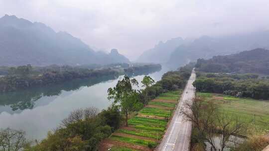 航拍广东清远连江乡村田园公路风光