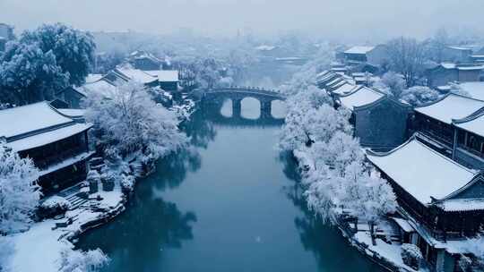 航拍冬天雪景下的乌镇风景