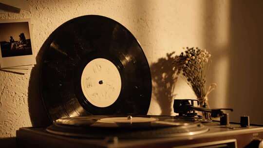 复古唱片机与黑胶唱片特写