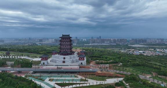 洛阳洛河隋唐立交桥鼓楼牡丹博物馆阴雨天