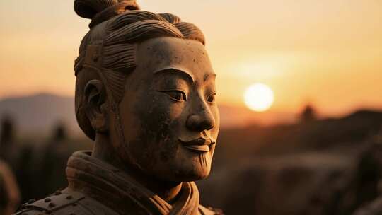 夕阳下的兵马俑特写