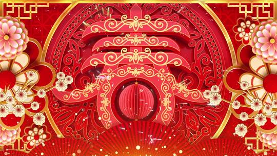 红色喜庆迎新春花卉舞台背景视频