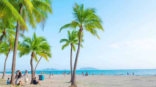 海南三亚蓝天白云下的椰树椰林沙滩大海旅游