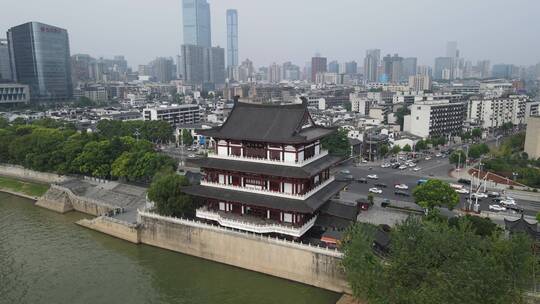 航拍湖南长沙湘江杜甫江阁