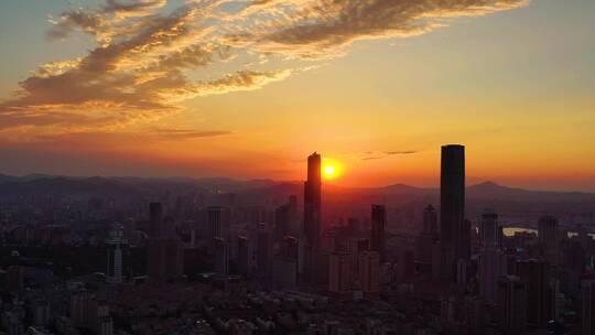 城市夕阳航拍 太阳落山