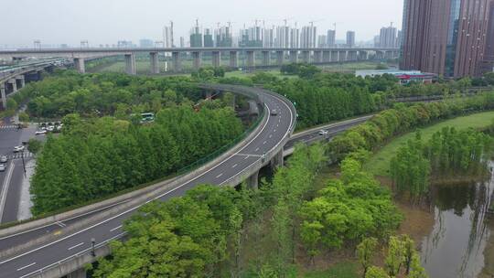 航拍杭州城市高架桥高速路
