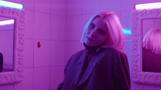 女人在紫色灯光的浴室里摆炫酷姿势