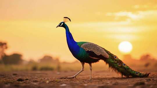 夕阳下行走的孔雀素材