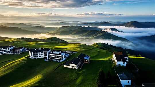 山间建筑群与云海景观