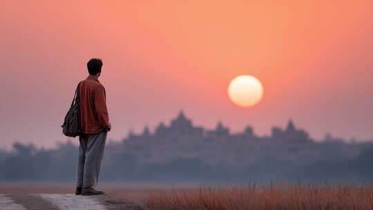 男子眺望远方城市剪影
