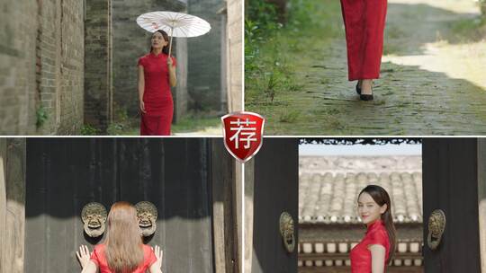 红色旗袍美女古巷行走4k视频素材模板下载