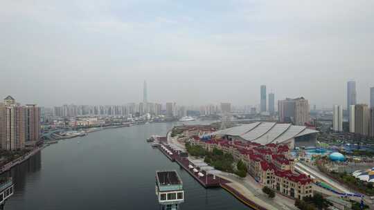 天津滨海海河响螺湾海门大桥城市风光航拍