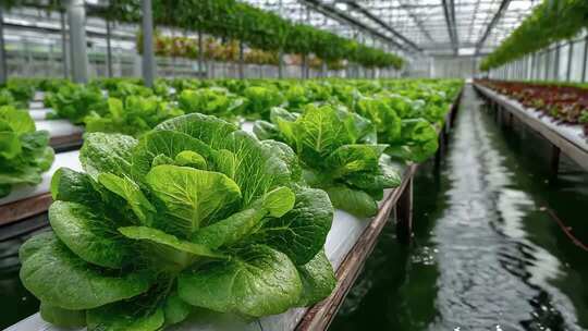 水培生菜在温室中茁壮成长
