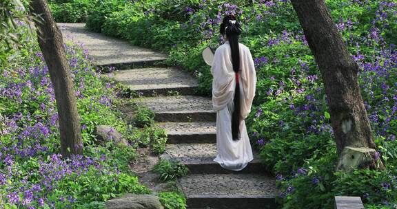 二月兰盛开花海古装美女背影