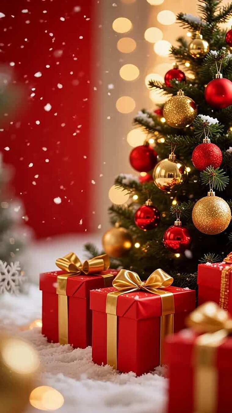 圣诞树旁的红色礼品盒素材