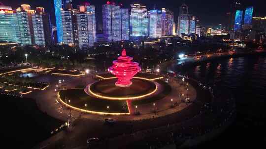 山东青岛市五四广场海滨风景区夜景航拍市南