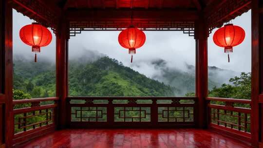 古风亭阁红灯笼云海仙境风视频