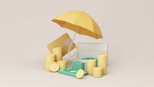 金色的伞与货币代表货币安全和保护3d渲染