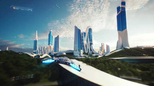4K，假3D视频游戏。乌托邦城市宇宙飞船