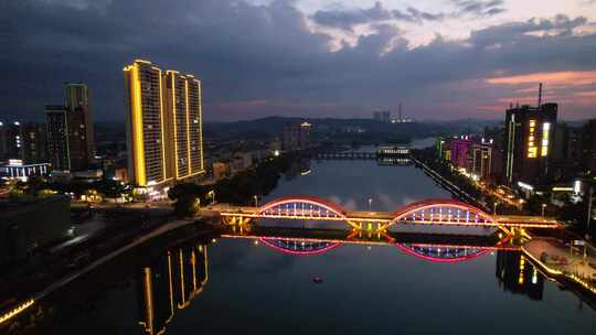 湖南省资兴市资兴大桥城市夜景4k航拍