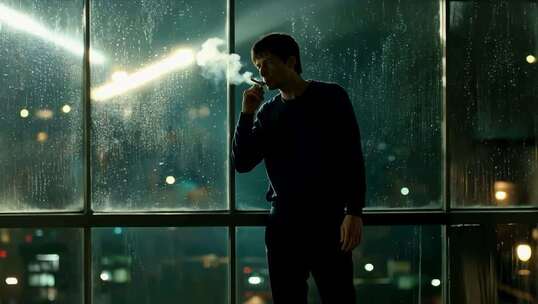 男子窗边抽烟夜景