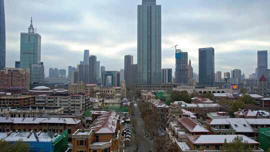 天津冬季海河意式风情区城市建筑风光航拍