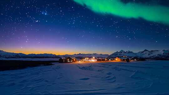 夜晚北欧小镇极光美景