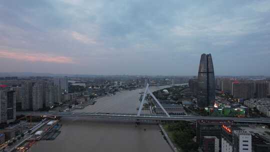 浙江宁波城市晚霞夜幕降临航拍