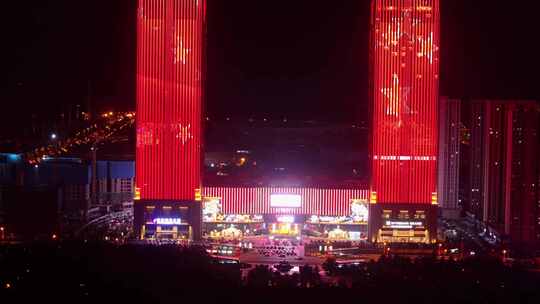 航拍枣庄新城政府驻地夜景灯光车水马龙