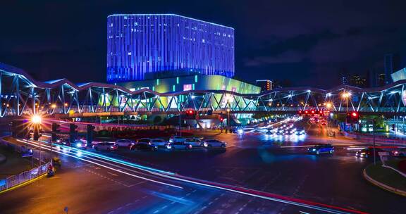 上海现代城市建筑车流夜景4k延时