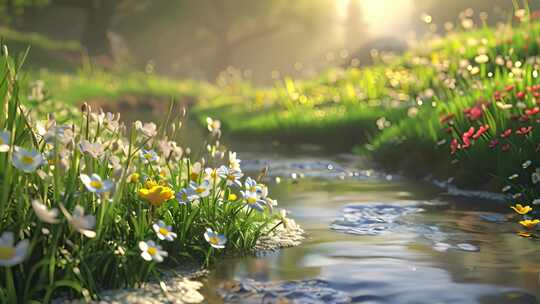 春天唯美梦幻草地花园和溪流