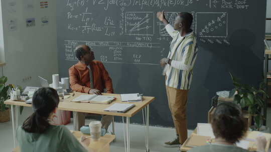 非洲裔美国学生在黑板上解释公式