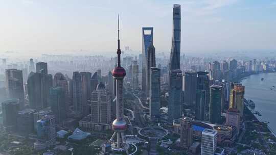 上海航拍陆家嘴城市地标日出