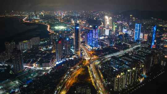 深圳车公庙上下沙晚霞夜景航拍视频素材模板下载