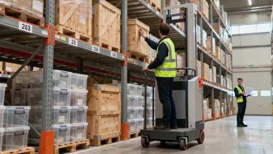 仓库工人操作叉车整理货物