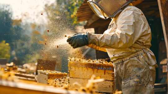养蜂场景蜂农劳作 蜂巢蜂箱甜蜜时光蜂农服