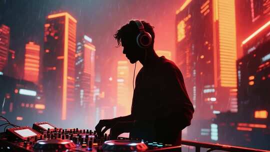 夜晚城市中DJ打碟场景