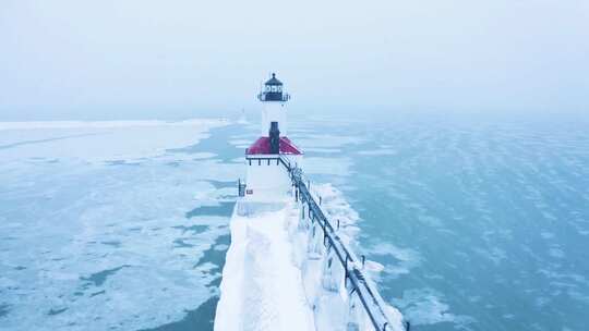 冬季海面灯塔雪景