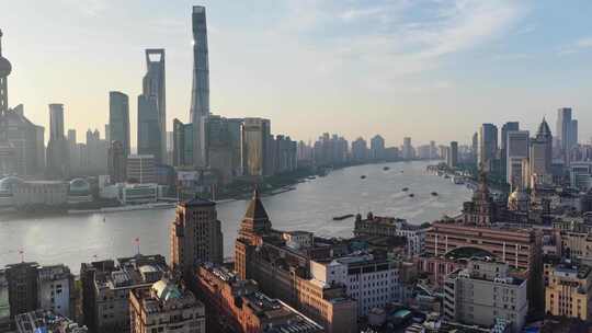 上海航拍陆家嘴城市地标日出