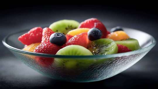 色彩鲜艳的水果沙拉在玻璃碗中呈现
