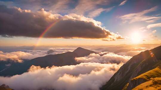 山间云海彩虹日出美景